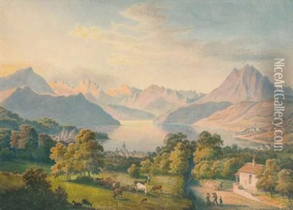 Alpenlandschaft Mit See (wohl Osterreich). Oil Painting - Leonhard Diefenbach