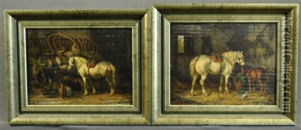 Grey Mare & Foal; Grey Mare With Man Loading Wagon (2 Works) Oil Painting - Willem Jacobus Boogaard