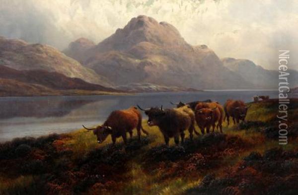 'highland Roamers Loch Maree N.b.' And 'highland Cattle Loch Ness N.b.' Oil Painting - Henry R. Hall