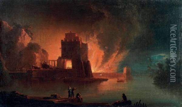 Convoi Fuyant Un Incendie Dans Un Port Mediterraneen Oil Painting - Francesco Fidanza