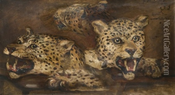 Trois Tetes De Pantheres (study) Oil Painting - Auguste Lancon