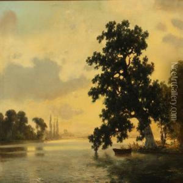 River Scene A Late Evening Oil Painting - Axel Thorsen Schovelin