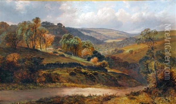 Panoramic Landscape With Hilltop Village In The Distance Oil Painting - Clarence Henry Roe