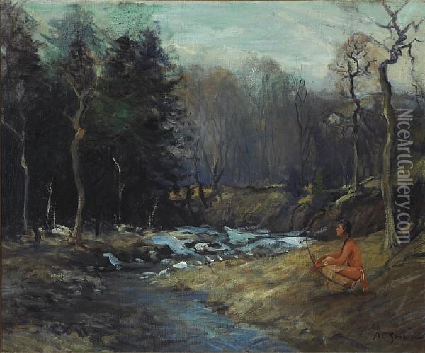 Indian Along A Woodland Stream Oil Painting - Arthur C. Goodwin
