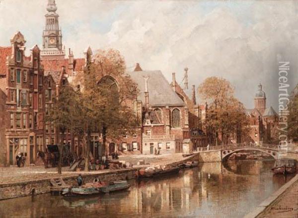 The Oude Zijds Achterburgwal, The Oude Kerk And St. Nicolaaskerk,amsterdam Oil Painting - Johannes Christiaan Karel Klinkenberg