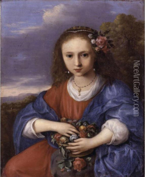 Portrait Of A Girl As Flora Oil Painting - Cornelis Van Poelenburch