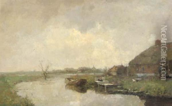 A Farmhouse By A River Oil Painting - Cornelis Vreedenburgh