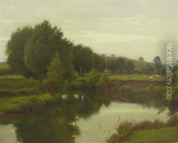 The Old Avon From Nafford, The Malvern Hills In The Distance On The Stretcher Oil Painting - William Blandford Fletcher