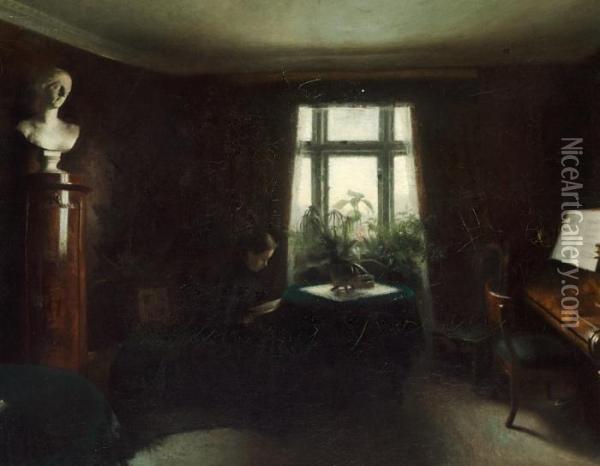 Interior With A Sitting Woman Oil Painting - Carl Vilhelm Holsoe