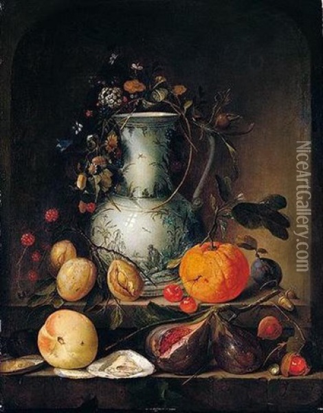 Still Life Of A Blue And White Porcelain Vase, With A Garland Of Flowers And Acorns, Together With Figs And Other Fruits Upon A Stone Ledge Oil Painting - Jan Davidsz De Heem