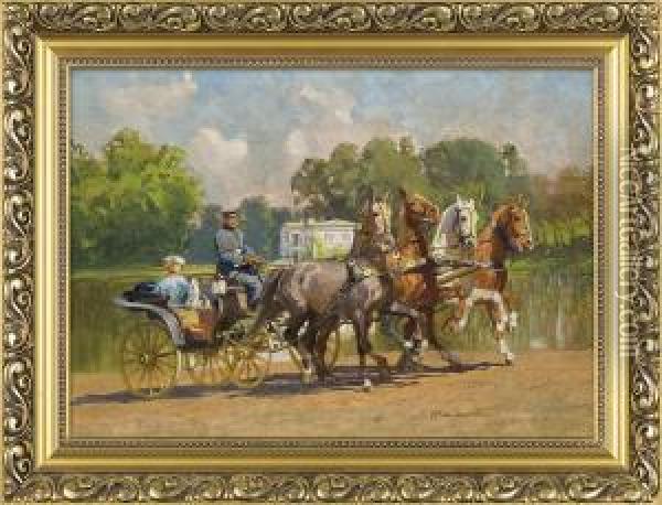 Drive In A Carriage In Four Horses Oil Painting - Zygmunt Rozwadowski
