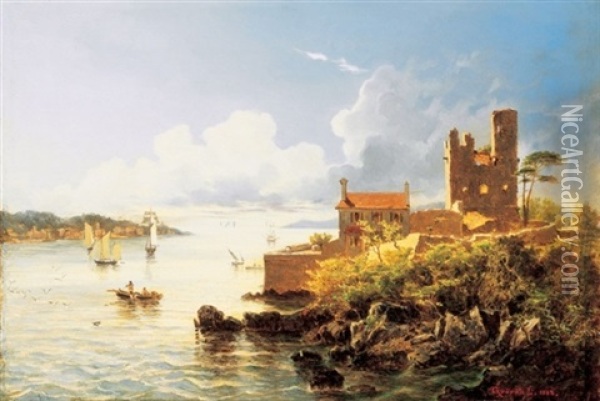 Romantikus Tengerparti Taj Vitorlassal (romantic Beach Scene With Sailing Boats) Oil Painting - Leo Gyoeroek