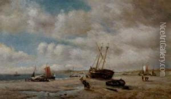 Beached Fishing Boats And Fisherfolk In A Coastal Landscape Oil Painting - William A. Thornley Or Thornber