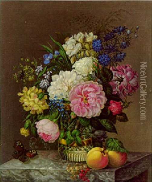 Peonies, Cornflowers And Other Flowers In A Glass Vase With Peaches, Currants And A Butterfly On A Marble Ledge Oil Painting - Adelheid Friedericke Braun