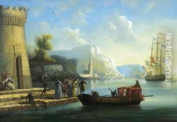 Mittelmeerhafen Mit Figurenstaffage Oil Painting - Frederic Roux