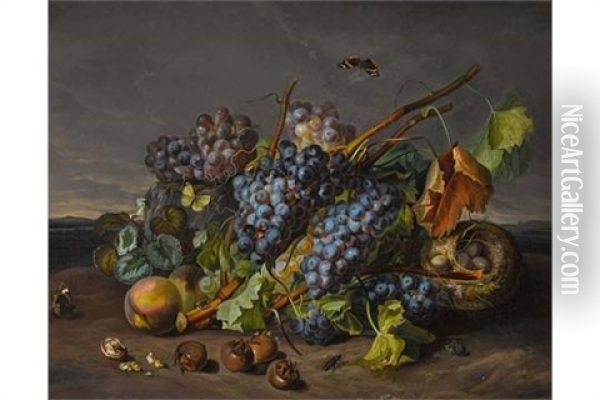 Fruchtestillleben Mit Vogelnest Und Insekten Oil Painting - Sebastian Wegmayr