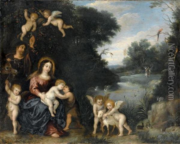 Sacra Famiglia E Angeli In Un Paesaggio Oil Painting - Hendrik van Balen