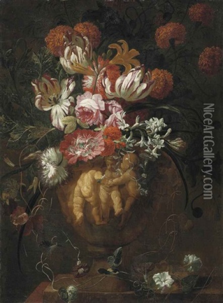 Roses, Tulips And Other Flowers In A Sculpted Urn With Putti In Relief, On A Ledge Oil Painting - Jan-Baptiste Bosschaert