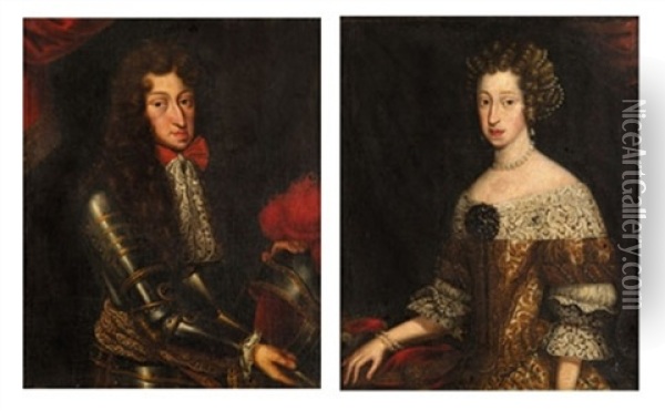 Portrait Of A Gentleman In Armour (+ Portrait Of A Lady In Gold And White Embroidered Dress; Pair) Oil Painting - Pierre Mignard the Elder