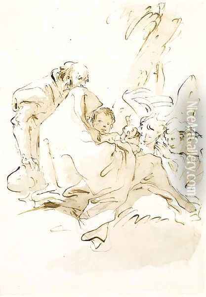 The Holy Family resting with two angels kneeling and offering food Oil Painting - Giovanni Battista Tiepolo