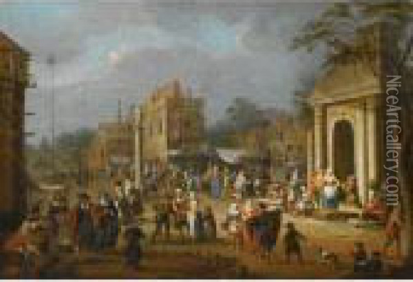 A Busy Market Scene Amongst Classical Ruins Oil Painting - Pieter Van Bredael