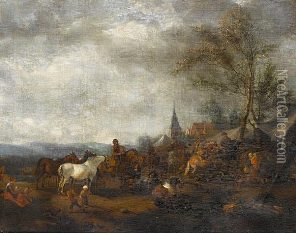 Horsemen Resting Outside An Encampment A View To A Village Beyond Oil Painting - Pieter Wouwermans or Wouwerman