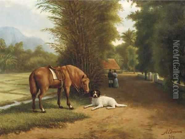 Indonesian landscape with horse and dog Oil Painting - Dirk G. Altman