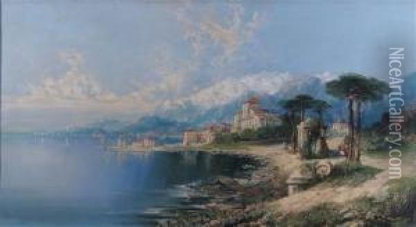 North Italian Lake Scene With Villas And Snow Capped Mountains Oil Painting - William Linton