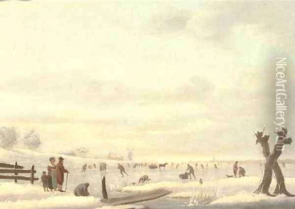 A winter landscape with skaters on a frozen river, a windmill and a town beyond Oil Painting - Andries Vermeulen