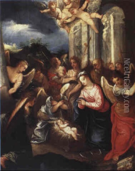 The Christ Child Adored By The Virgin Mary And Angels Oil Painting - Hans Rottenhammer the Elder