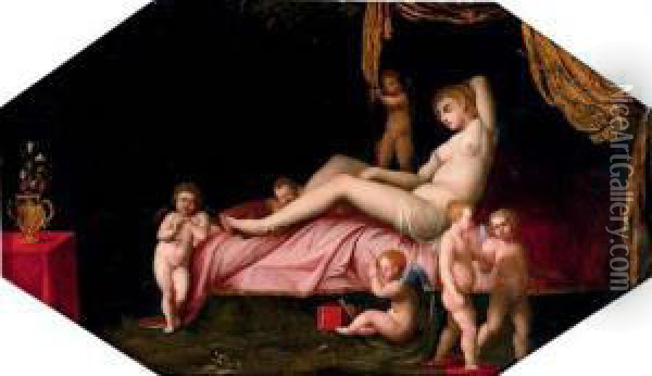 Venus Reclining With Attendant Putti Oil Painting - Jacques De Stella