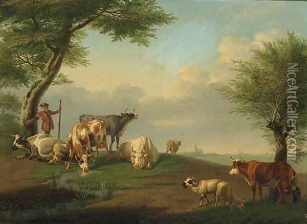 A Herdsman and Cattle with a Milkmaid in a River Landscape Oil Painting - Jan van Gool