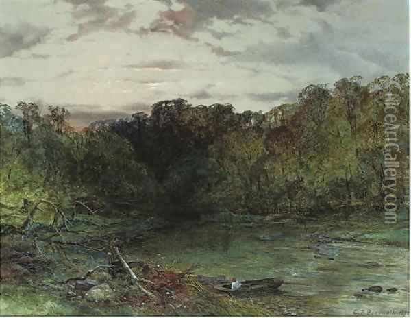 A wooded river landscape at sunset Oil Painting - Charles Branwhite