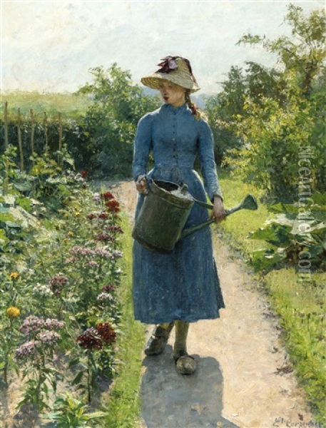 Girl With Watering Can Oil Painting - Evariste Carpentier