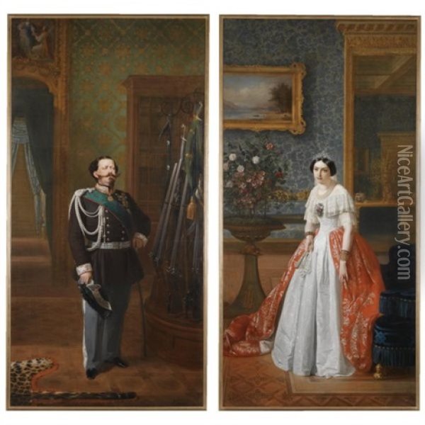 Vittorio Emanuele Ii, King Of Italy (+ Maria Adelaide Of Austria, Queen Of Italy; Pair) Oil Painting - Francesco Gonin