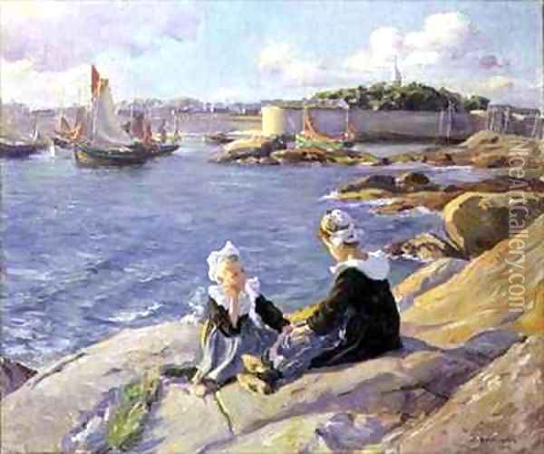 Breton Girls by the Harbour Concarneau Oil Painting - Alfred-Victor Fournier