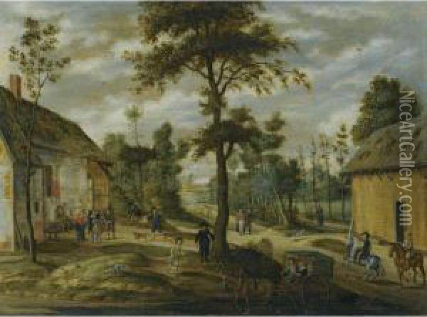 A Village Scene Outside An Inn With Two Horsemen And A Carriage Halted In The Foreground Oil Painting - Isaak van Oosten
