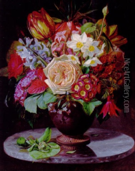 Broget Buket Af Roser, Tulipan, Hyacinter, Syrener Og Fuchsia I En Vase Pa Et Marmorbord Oil Painting - Sofus Petersen