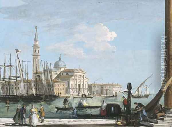 A view of San Giorgio Maggiore, Venice, with a British ship entering the Bacino di San Marco Oil Painting - Giuseppe Bernardino Bison