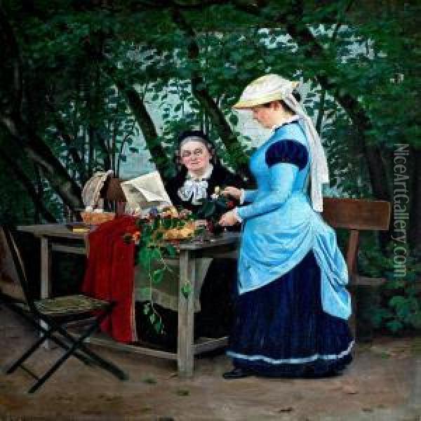 From A Vicaragegarden, A Young Woman Arranges Flowers While An Elderly Ladywatches Oil Painting - Thorolf Pedersen