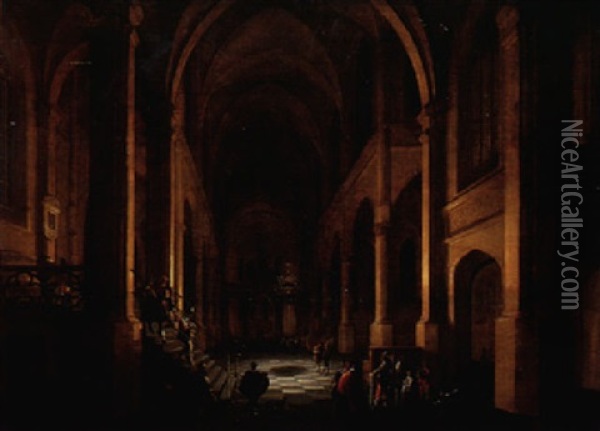 A Nocturnal Capriccio Of A Church Interior With A Paved Floor Oil Painting - Anthonie Delorme