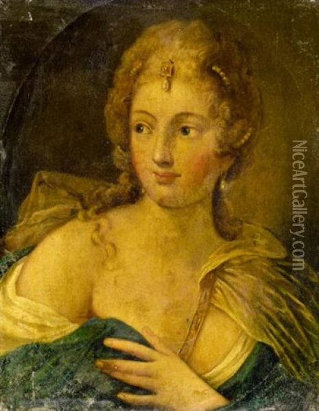 Portrait Of A Lady, Head And Shoulders, Wearing A White Chemise And A Blue Shawl, With Pearls In Her Hair Oil Painting - Pietro (Libertino) Liberi
