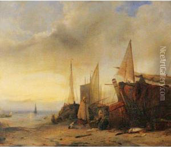 Ships At Low Tide Oil Painting - Jacobus Jacobs