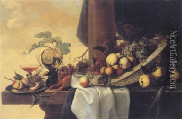 Still Life Of A Roemer, A Wine Glass, Peaches, Bunches Of Grapes, A Lobster And A Bowl Of Fruit All Resting On A Table Oil Painting - Michiel Simons