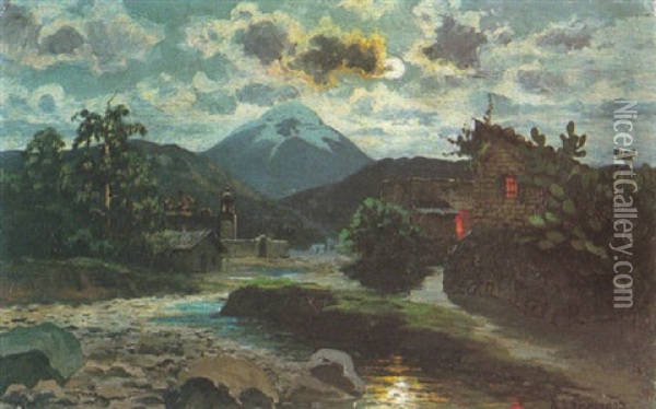 Mexikanisches Dorf Bei Mondschein Oil Painting - August Loehr