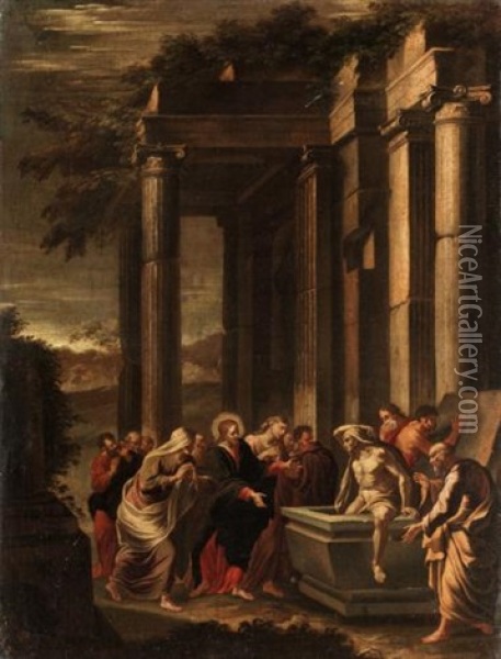 Architectural Capriccio With The Raising Of Lazarus Oil Painting - Niccolo Codazzi