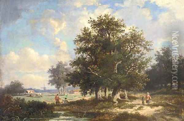 Figures in a wooded landscape with cattle grazing, a windmill beyond Oil Painting - Dutch School