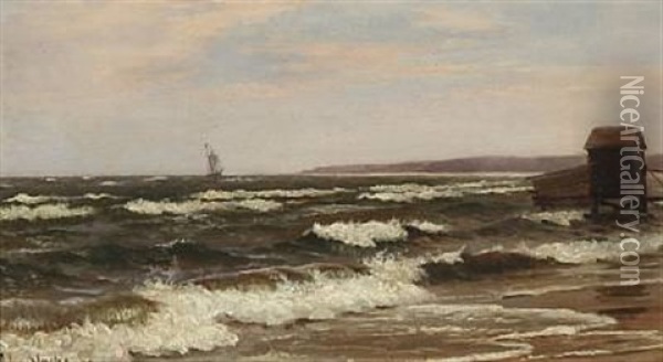 Coastal Scene With A Sailboat And A Bathhouse Oil Painting - Christian Blache