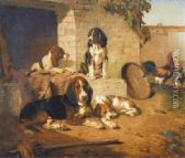 Jachthonden Op Het Erf (1862) Oil Painting - Vincent de Vos