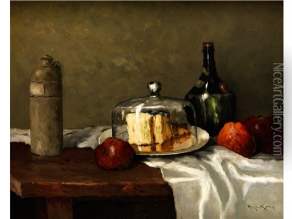 Stilleben Mit Kaseglocke, Flaschen Und Roten Apfeln Oil Painting - Josef Muehlbeck
